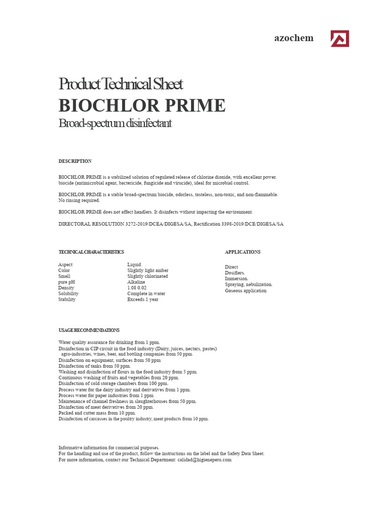 BIOCHLOR PRIME Disinfectant Technical Sheet | PDF | Disinfectant | Water