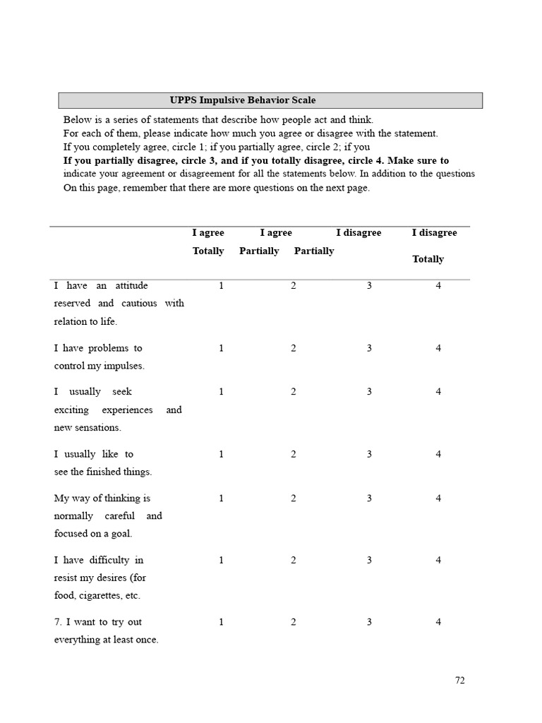 UPPS Impulsive Behavior Scale Questionnaire | PDF | Impulsivity ...
