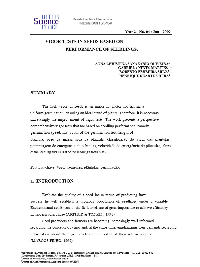 Vigor Tests for Seedling Performance | PDF | Seed | Germination