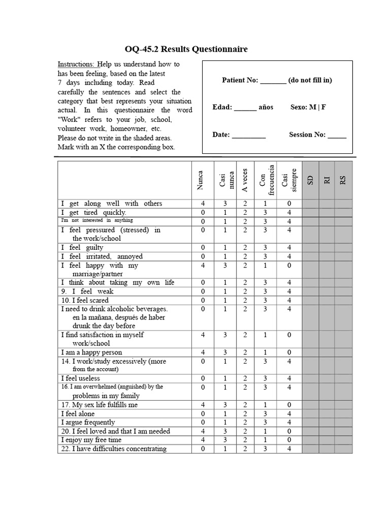 OQ-45.2 Patient Results Questionnaire | PDF | Mental Health ...