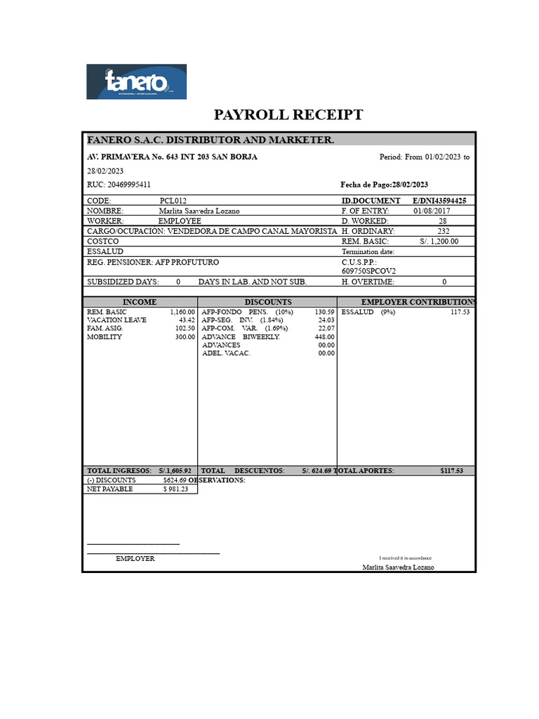 Payroll Receipt for Marlita Saavedra | PDF