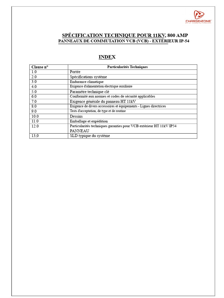 Spécifications VCB 11kV 800A IP54 | PDF | Transformateur électrique ...