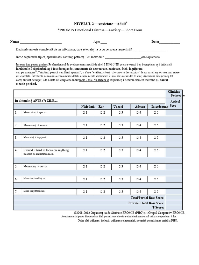 LEVEL 2-Anxietate-Adult (PROMIS Distorți emoționale-Anxietate-Formă ...