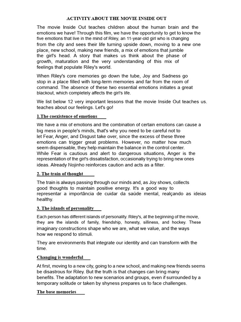 Lessons from Inside Out for Kids | PDF | Emotions | Mind