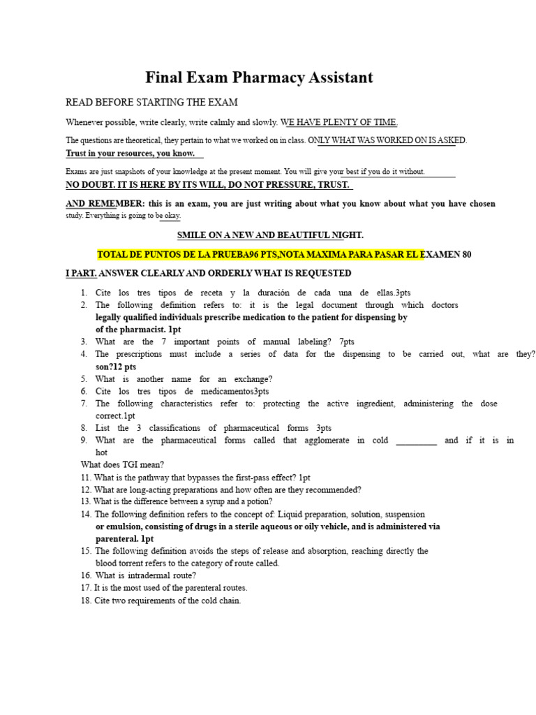 Pharmacy Assistant Final Exam Guide | PDF | Pharmacy | Medical Prescription