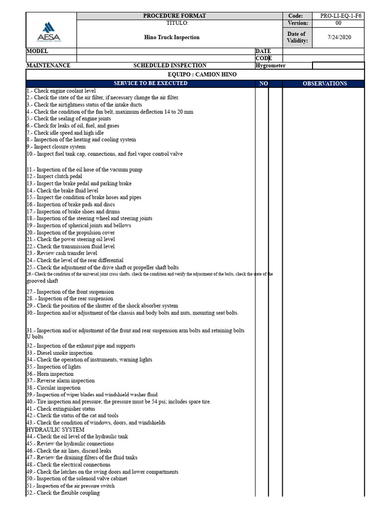 Hino Truck Inspection Procedure Guide | PDF | Brake | Vehicle Technology