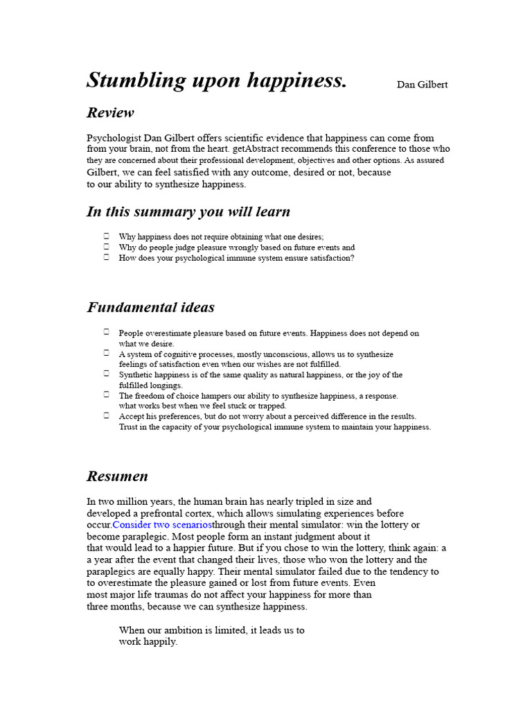 Stumbling On Happiness. Dan Gilbert | PDF | Happiness | Cognitive ...