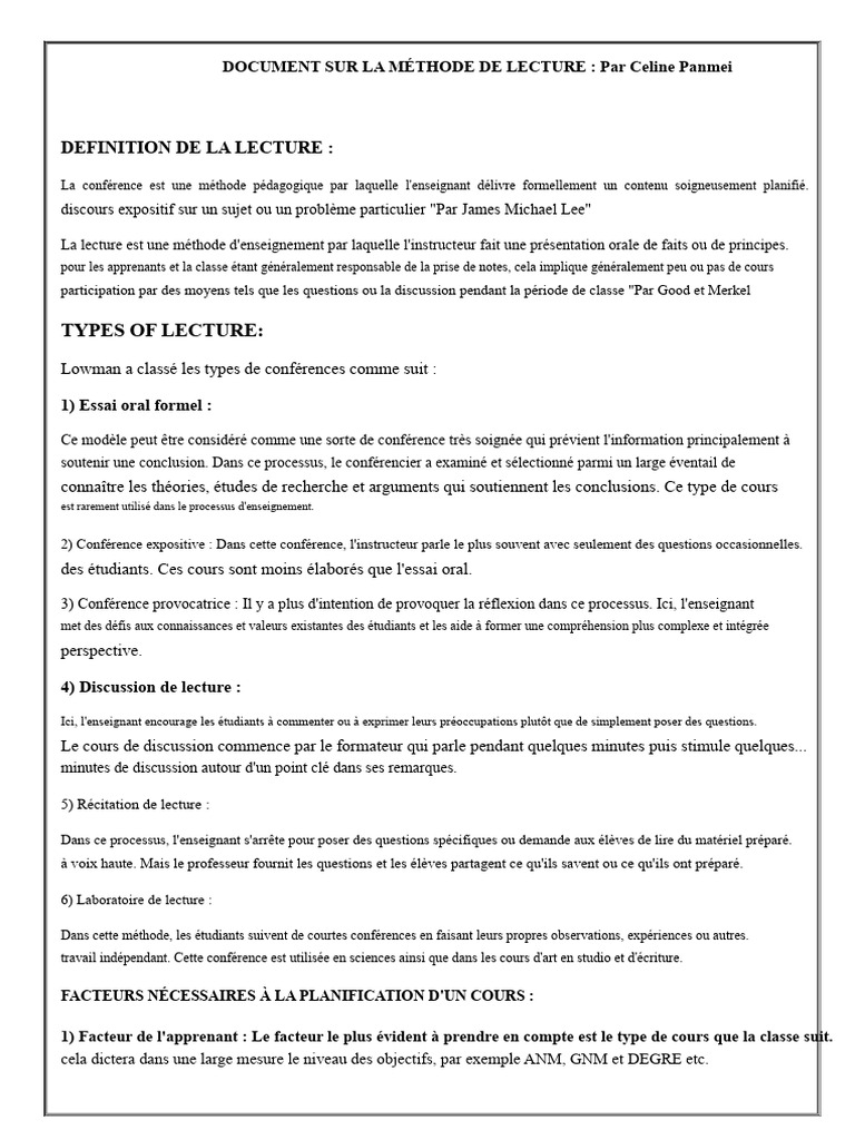 Méthodes et Objectifs de Lecture en Enseignement | PDF | Apprentissage ...
