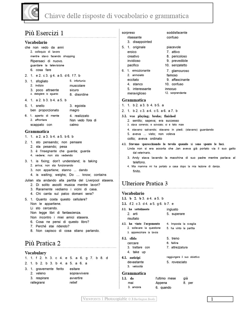 Unità 3 Chiave Delle Risposte Di Grammatica e Vocabolario | PDF