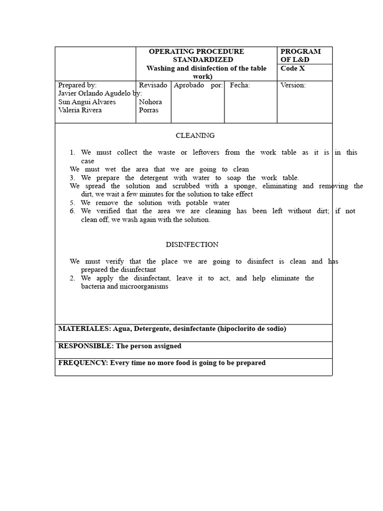 Cleaning and Disinfection Template For Work Table | PDF