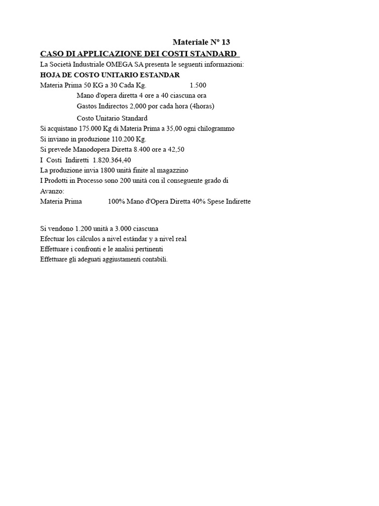 Caso - Costi Standard | PDF