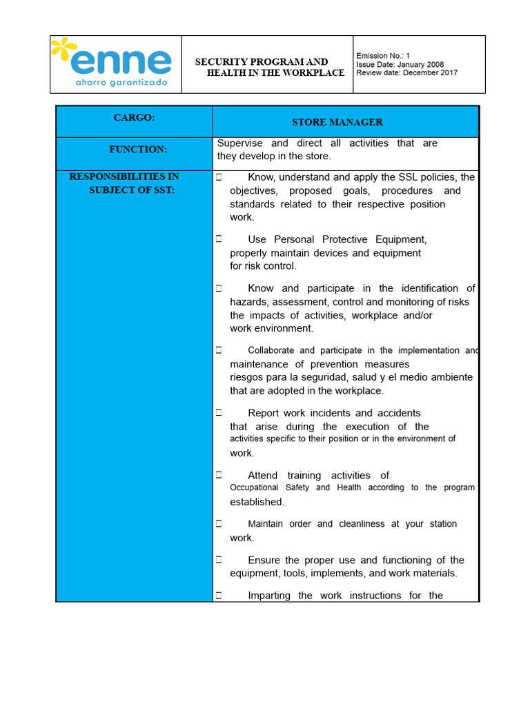 Functions of A Store Manager | PDF | Occupational Safety And Health ...