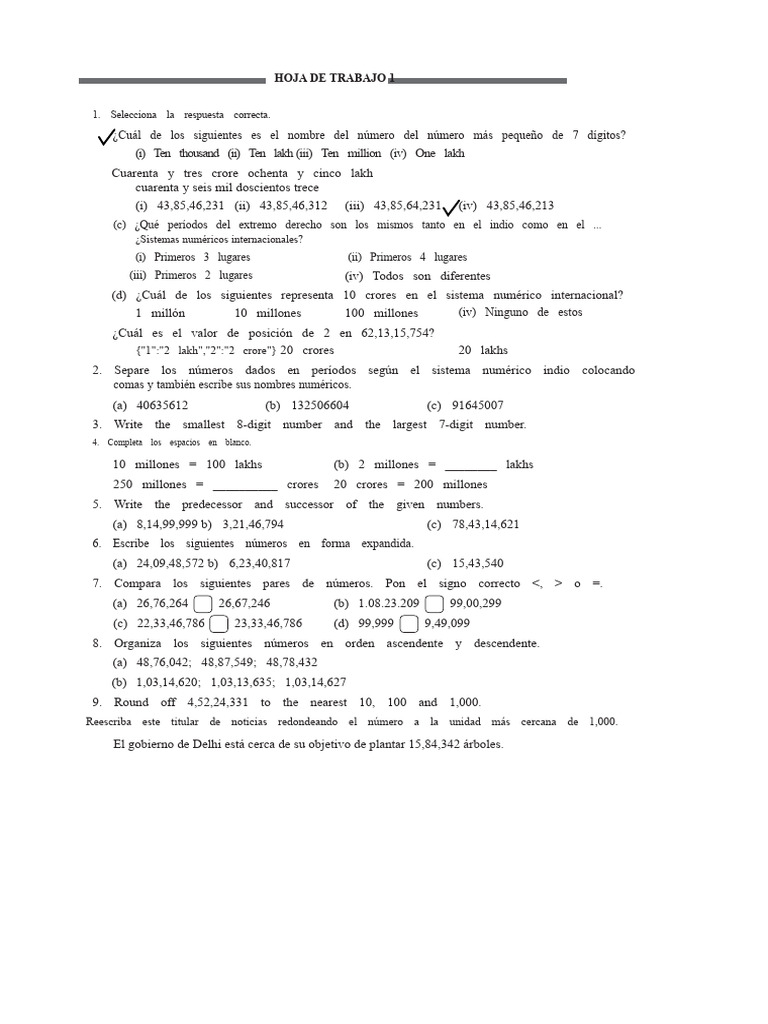 Ejercicios de Números y Operaciones Matemáticas | PDF | Lexicología ...