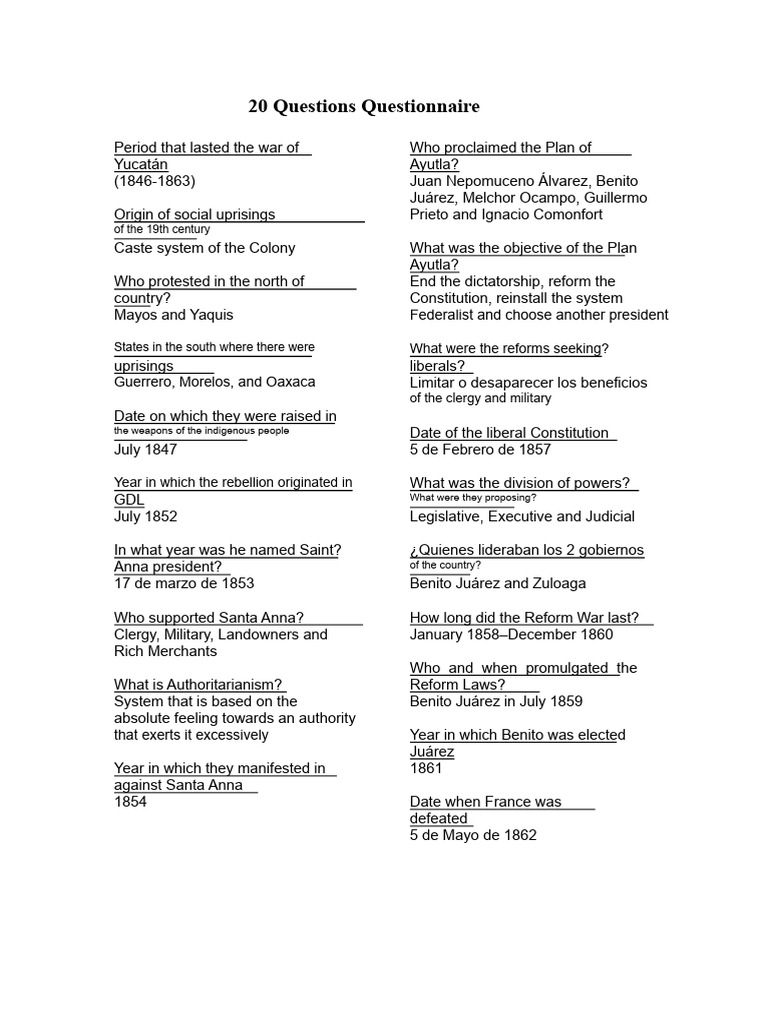 20 Questions History Questionnaire | PDF | North America | Mexico