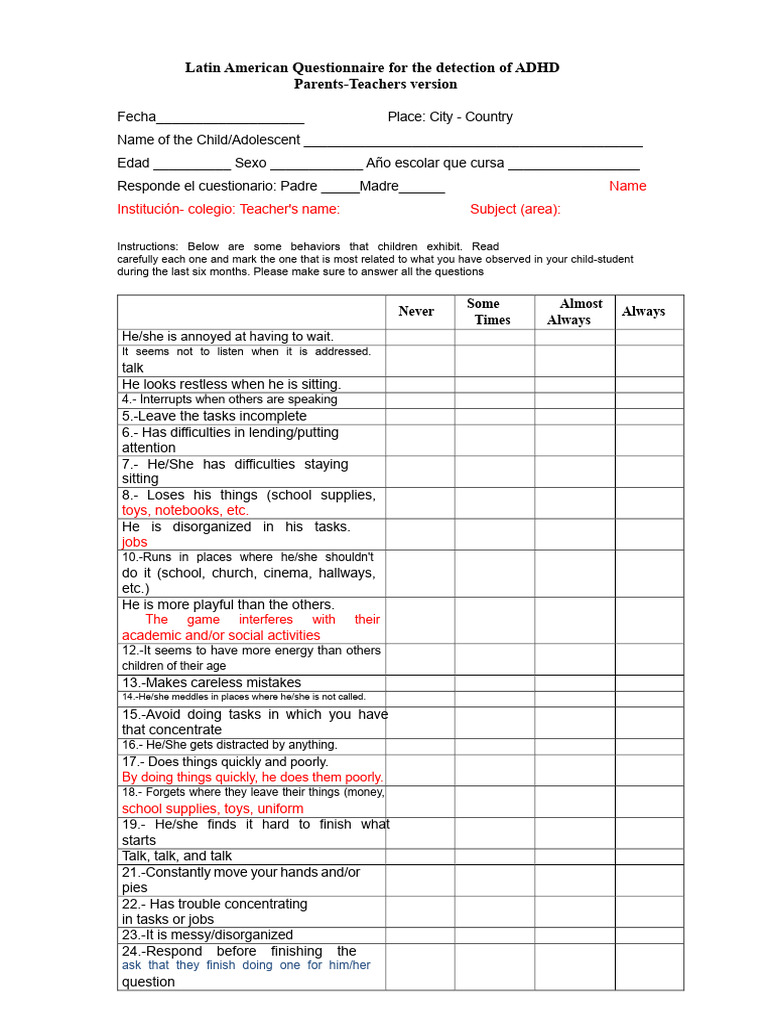 2009 Mesa 3 Clinimetry Latin American Questionnaire For ADHD Detection ...