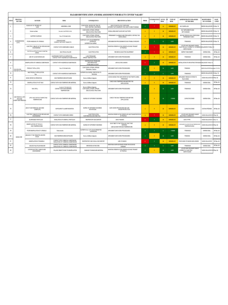 Risk Assessment for Beauty Center Safety | PDF | Burn | Hearing Loss