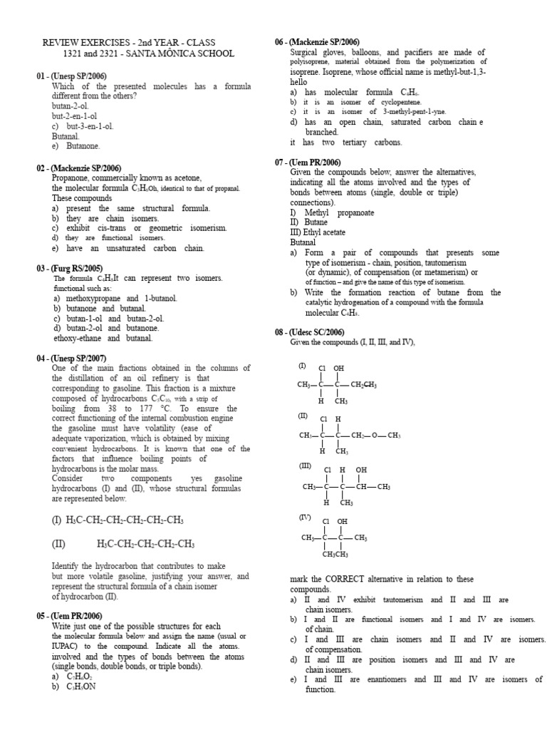 Organic Chemistry Isomerism Exercises | PDF | Isomer | Gasoline