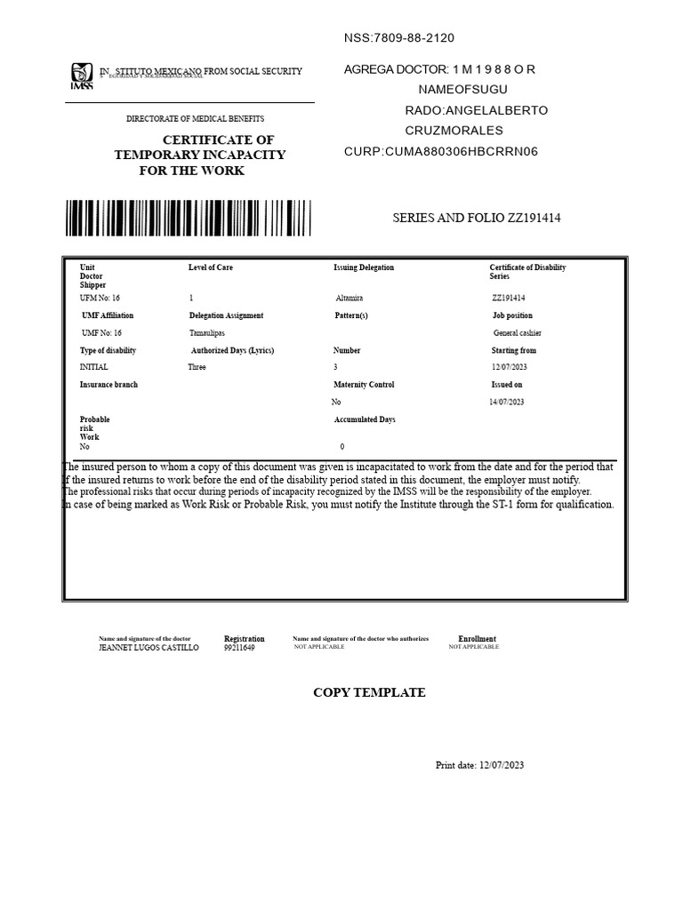 Certificate of Temporary Incapacity | PDF