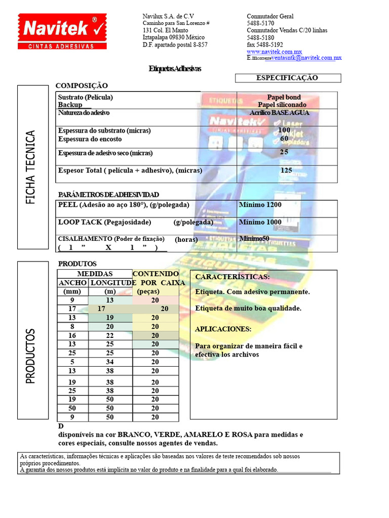 Navitek Etiquetas Adesivas Ficha Técnica Do Produto 358424 | PDF
