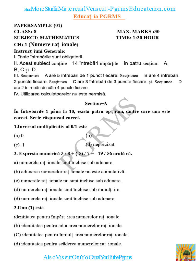 Test de Matematică Clasa A 8-A Capitolul 1 01 | PDF
