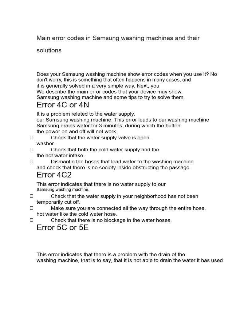Samsung Washing Machine Error Codes Guide | PDF | Washing Machine ...