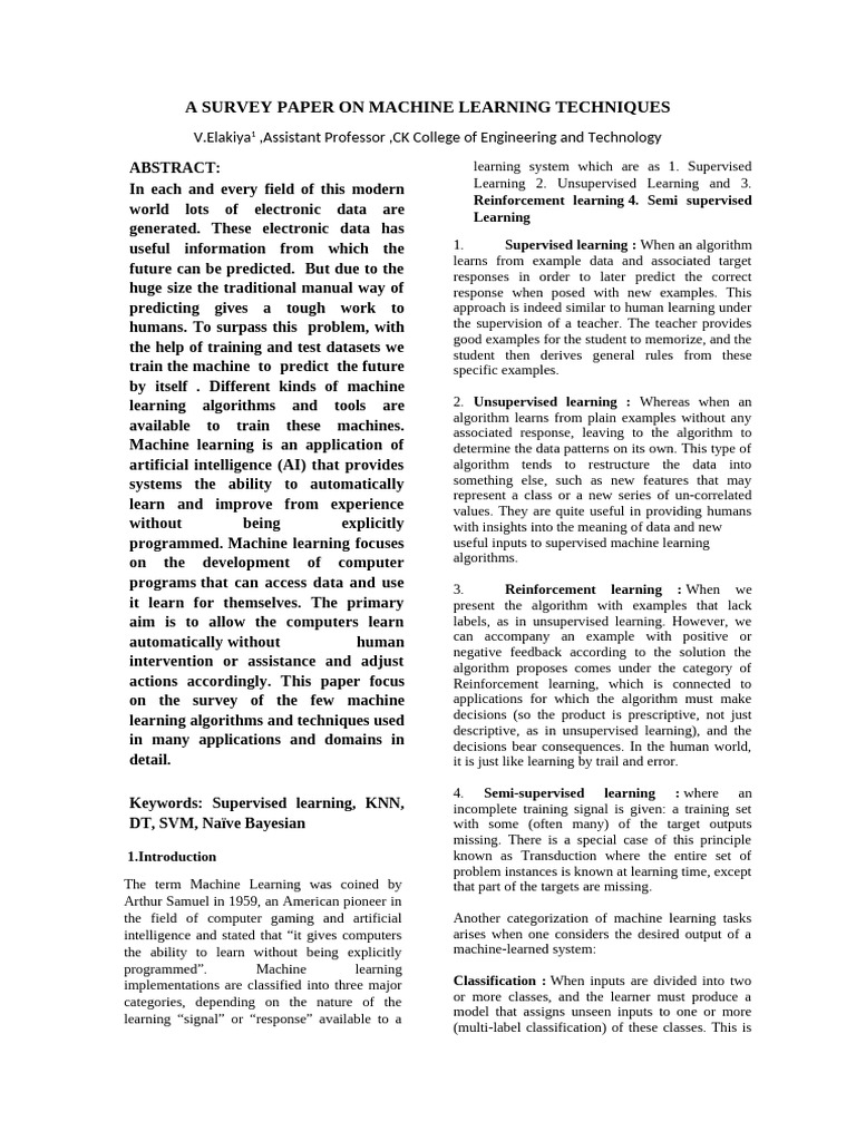 A Survey Paper On Machine Learning Techniques | PDF | Support Vector ...