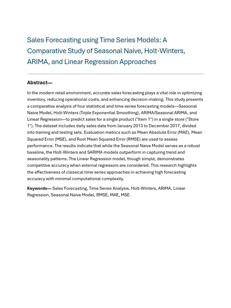 Sales Forecasting: Time Series Model Comparison | PDF | Autoregressive ...