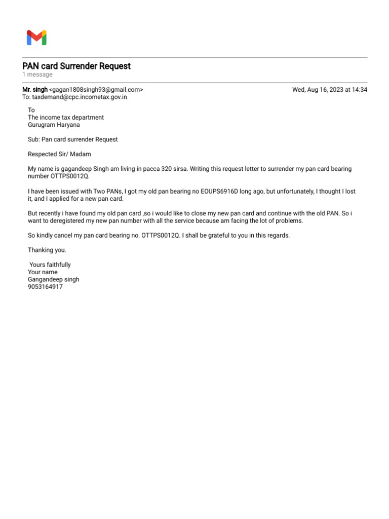 PAN Card Surrender Request Letter | PDF