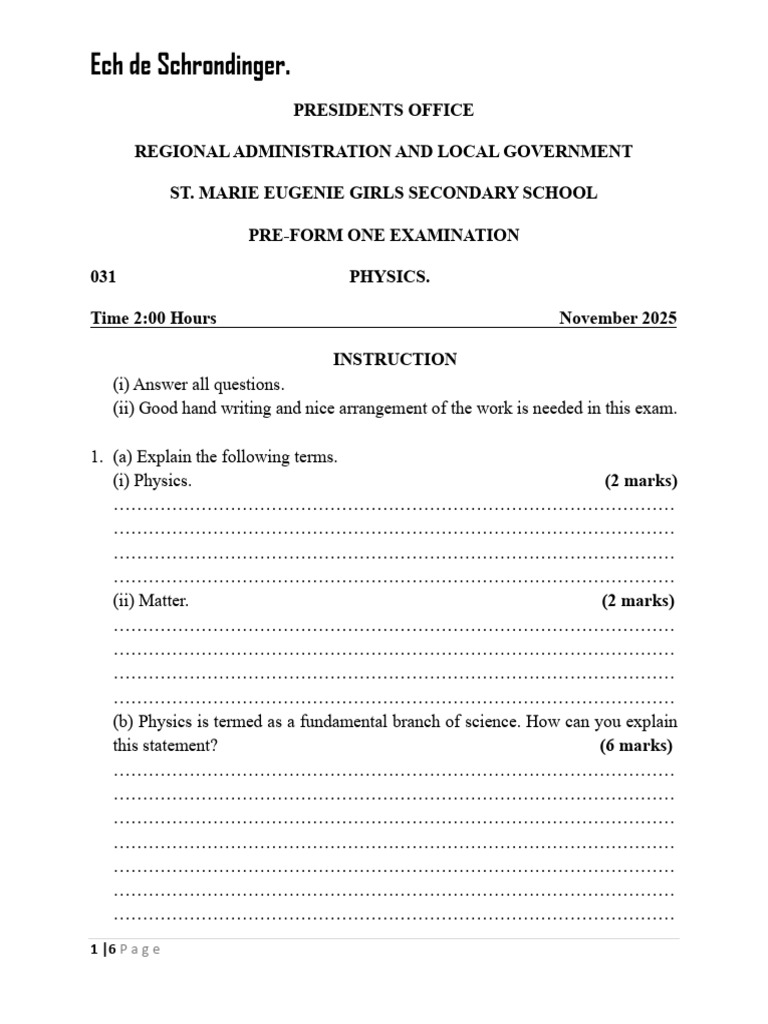 Pre-Form One Physics Exam Guide | PDF | Physics