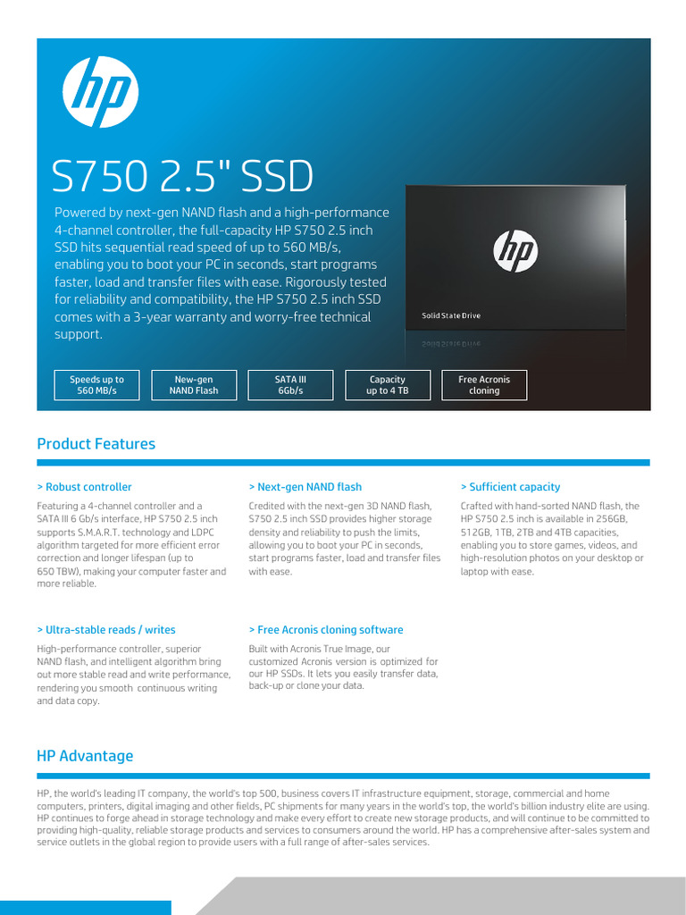 SSD HP S750 2.5 Specifications | PDF | Solid State Drive | Flash Memory