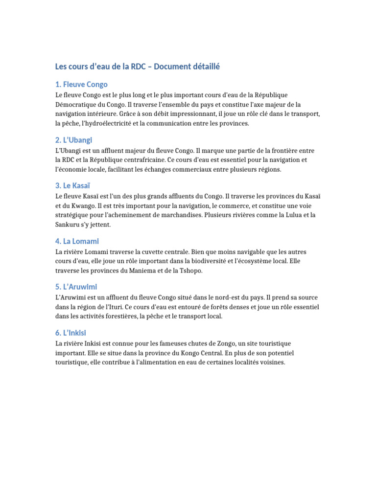 Cours d'eau majeurs de la RDC | PDF