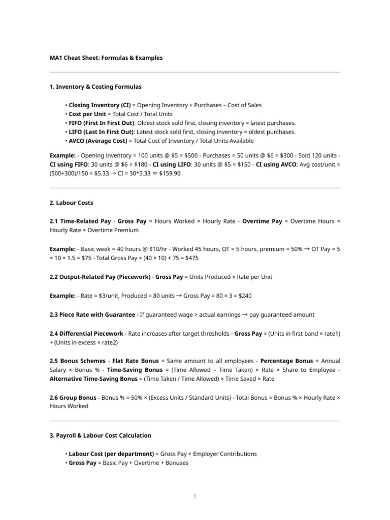 Ma1 Labour Inventory Formulas | PDF | Labor | Expense