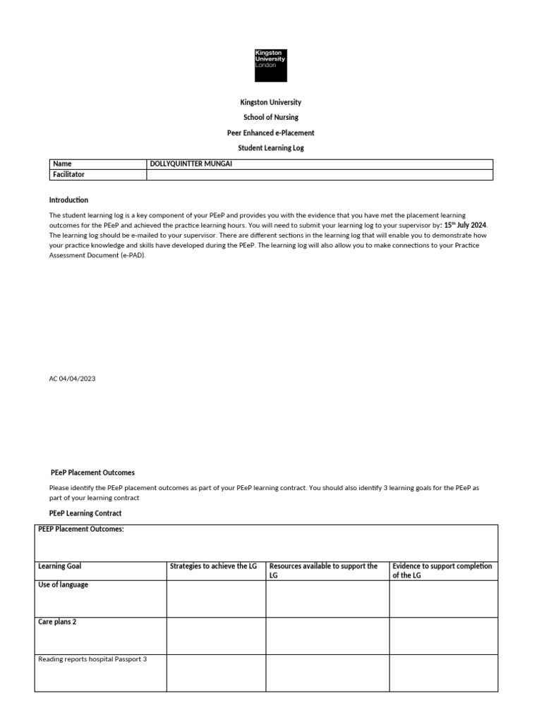 PEeP Student Learning Log LD 23-24 | PDF | Learning | Evaluation