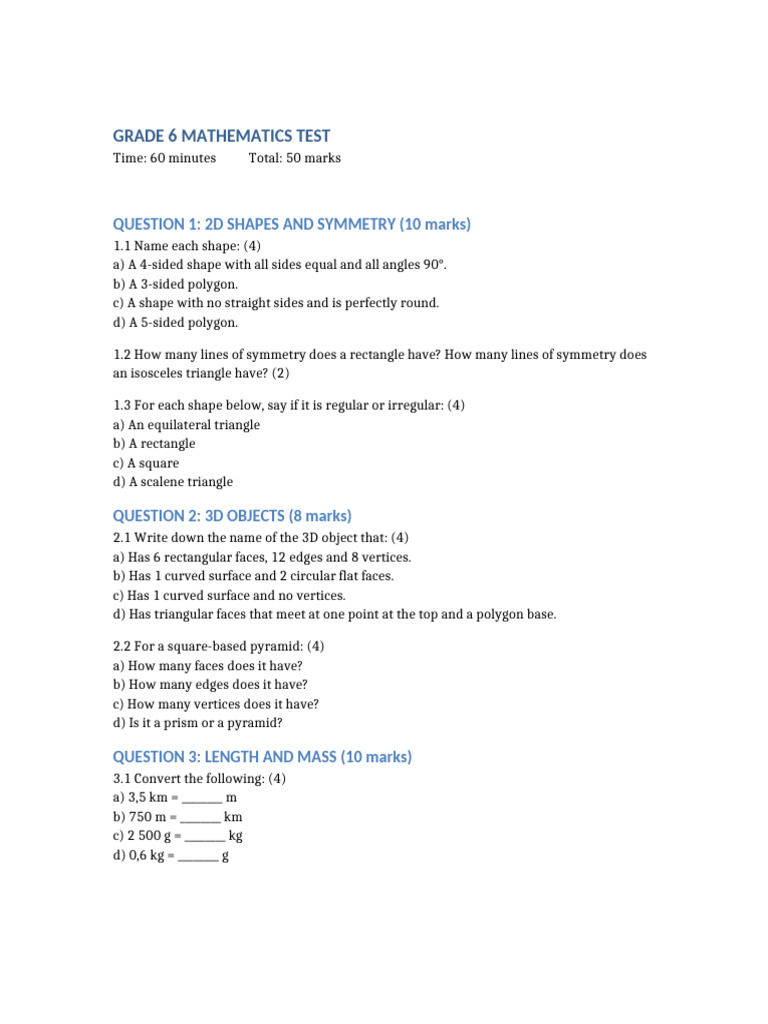Grade 6 Math Test: Shapes, Volume, Area | PDF | Triangle | Shape