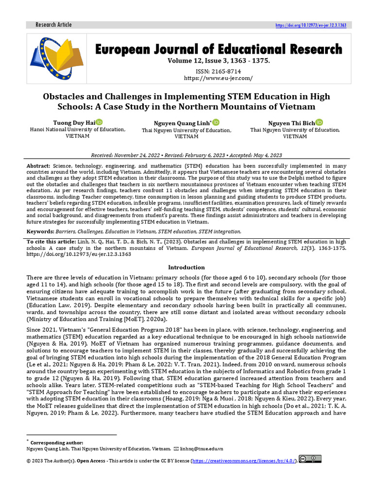 Obstacles and Challenges in Implementing STEM Education in High Schools ...