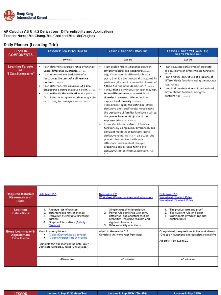 AP Calculus AB Unit 2 Daily Planner (Choi) | PDF | Trigonometric ...