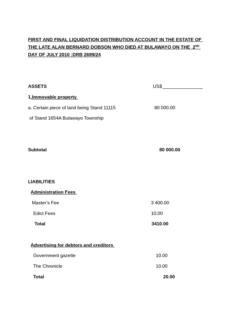 First and Final Distribution Account in The Esatte of The Late Allan ...