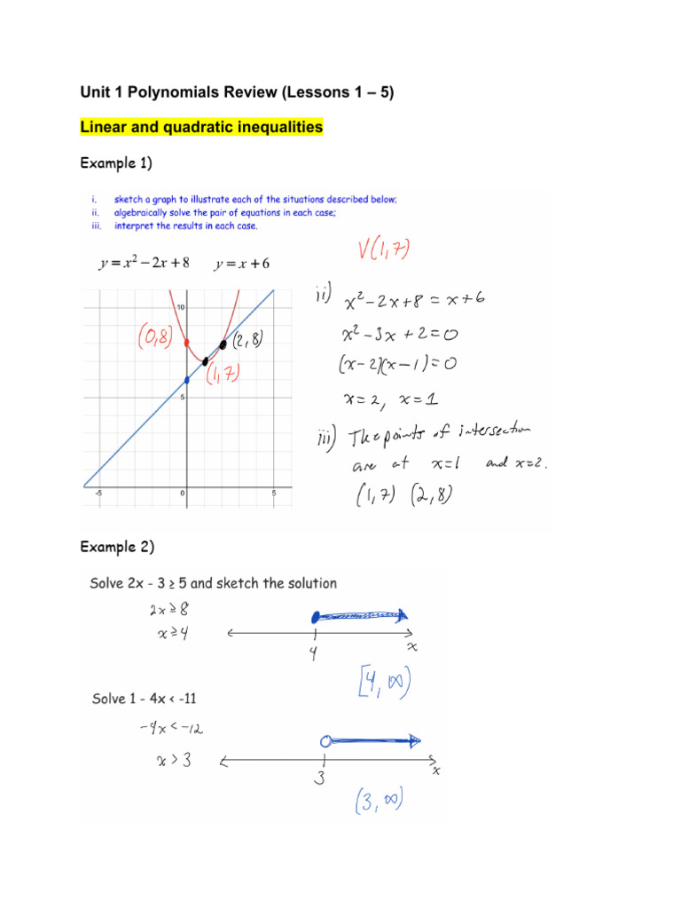 Unit+1+Polynomials+Review+ (Lessons+1+ +5) + +solutions | PDF