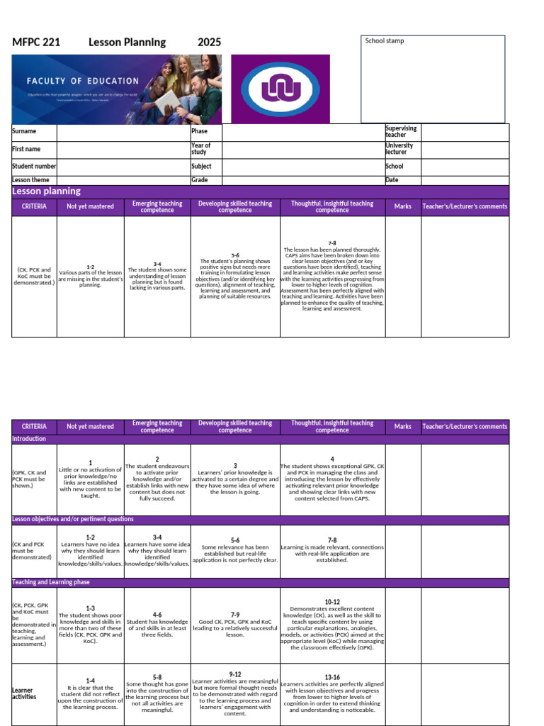 Assessment+Rubric+ +Lesson+Planning++Presentation+ +2025 | PDF ...