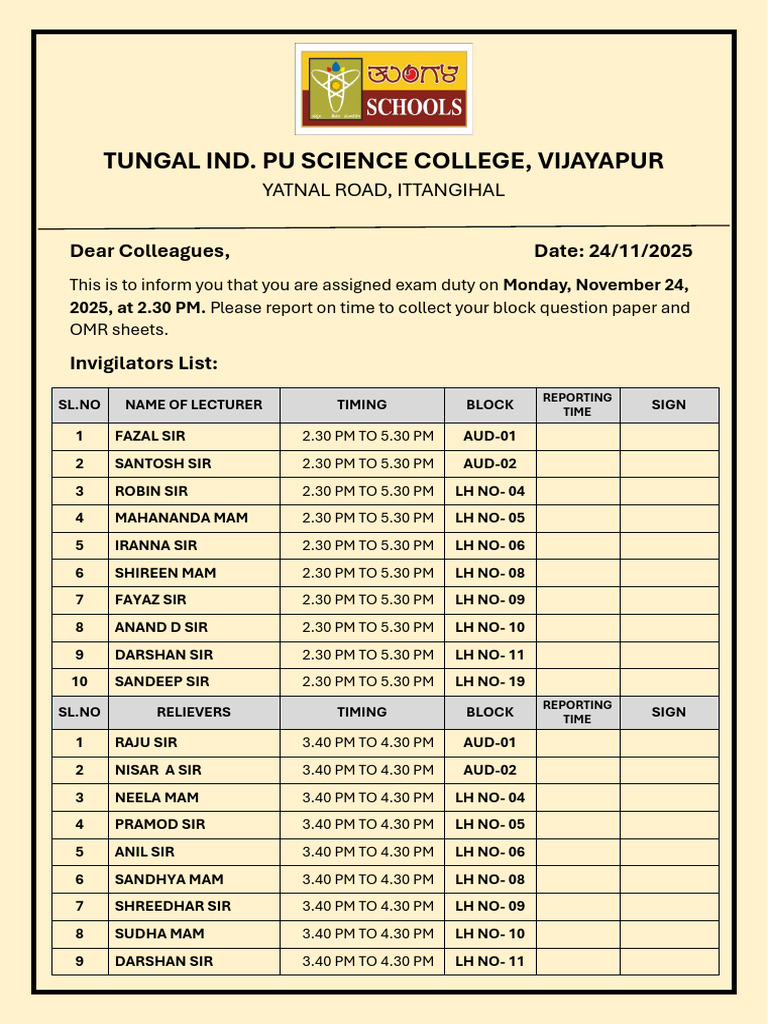 Pu-I Exam Invigilation Duty List-24!11!2025 | PDF