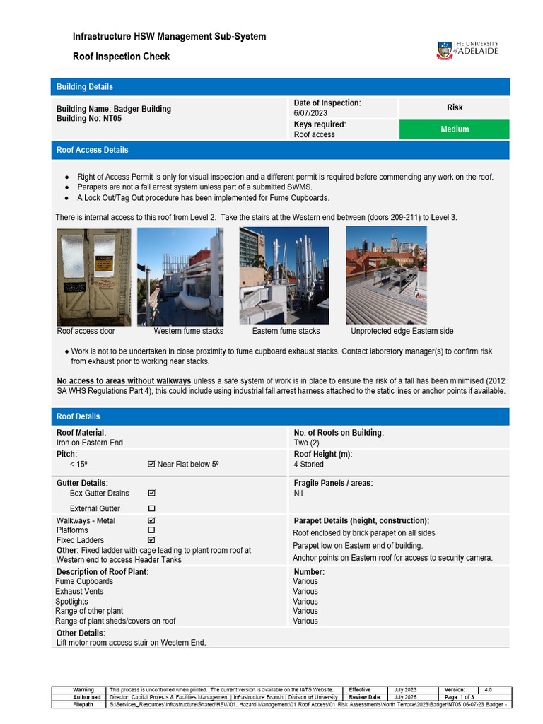 Badger Roof Access Risk Assessment | PDF | Safety