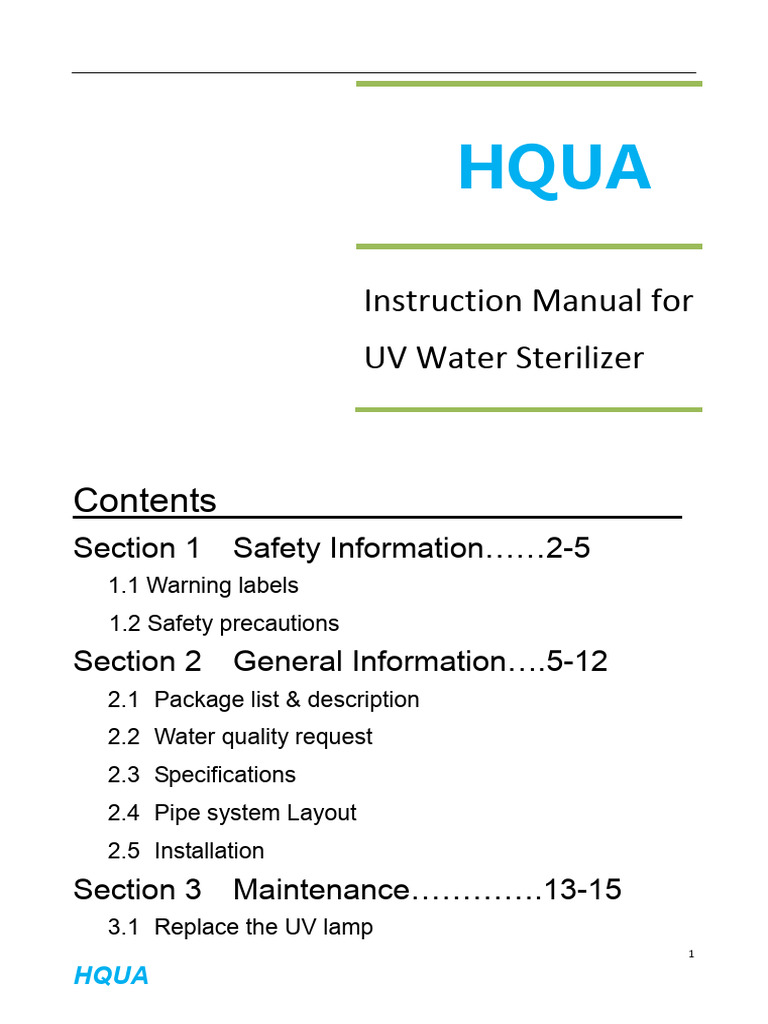 HQUA UV Water Sterilizer Manual | PDF | Ultraviolet | Legal Liability