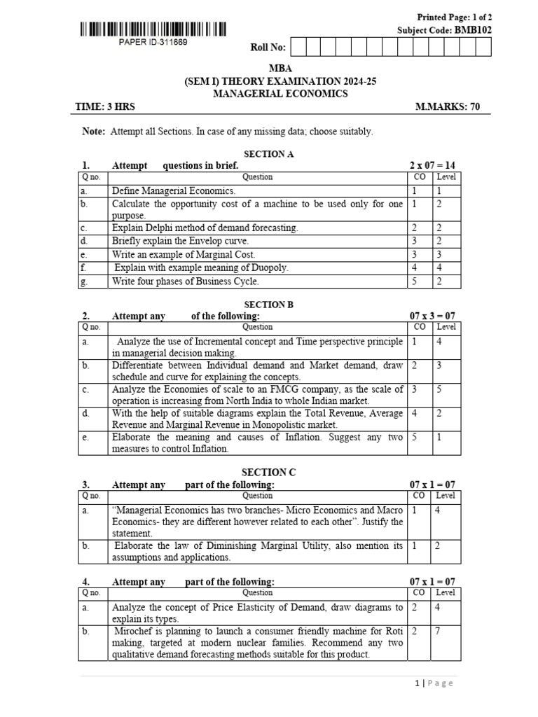 MBA Managerial Economics Exam Paper | PDF | Economics | Oligopoly