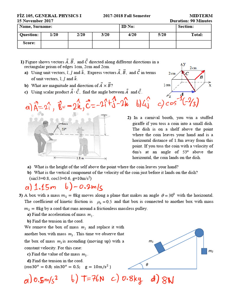 1718Güz-FİZ105-ArasınavEN-S1D1-171111 2 | PDF | Force | Velocity