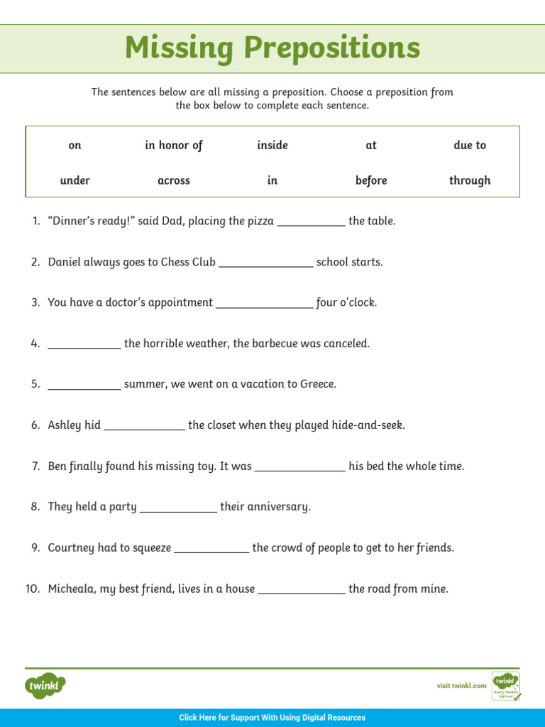 Digital Missing Prepositions Activity Sheet | PDF