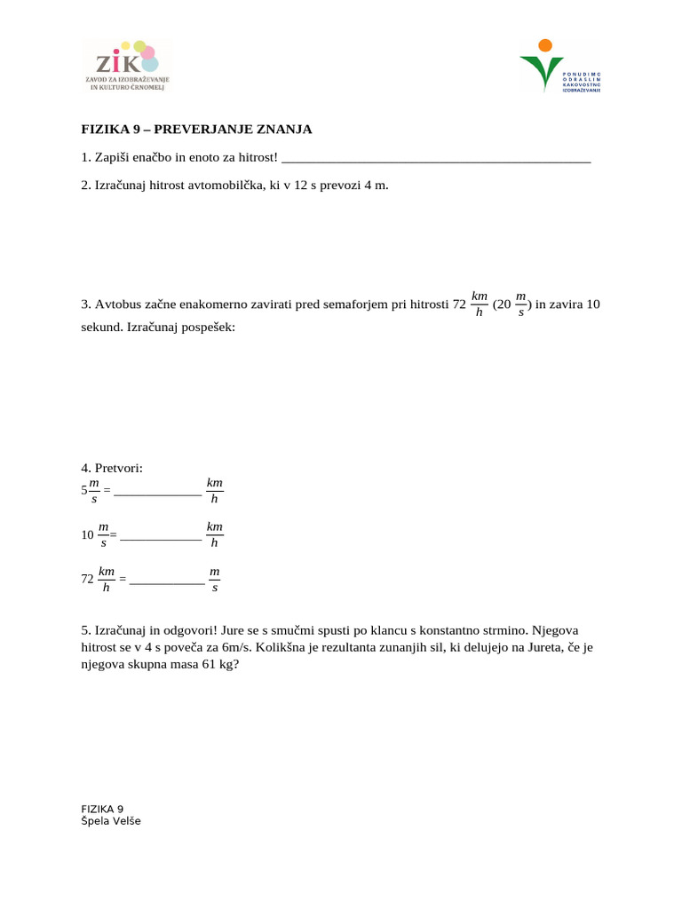 Preverjanje 9 Razred | PDF
