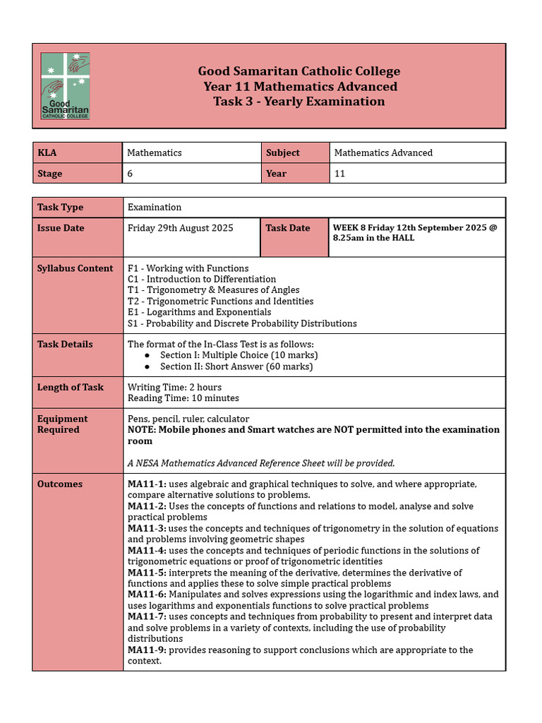 Year 11 Mathematics Advanced Exam Guide | PDF | Trigonometry | Logarithm