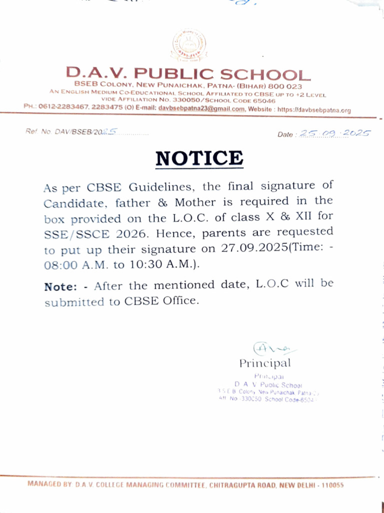 DAV Public School Notice for Signatures | PDF