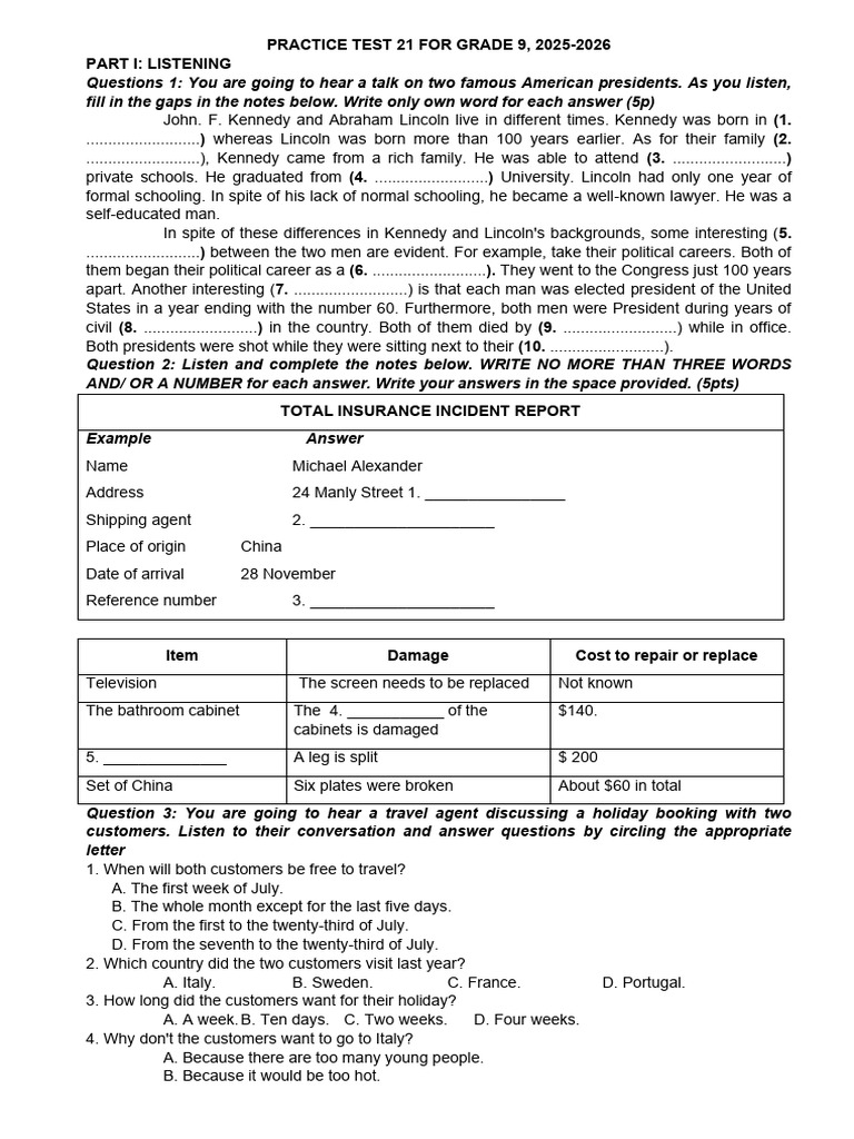 Practice Test 21 For Grade 9, 2025-2026 | PDF