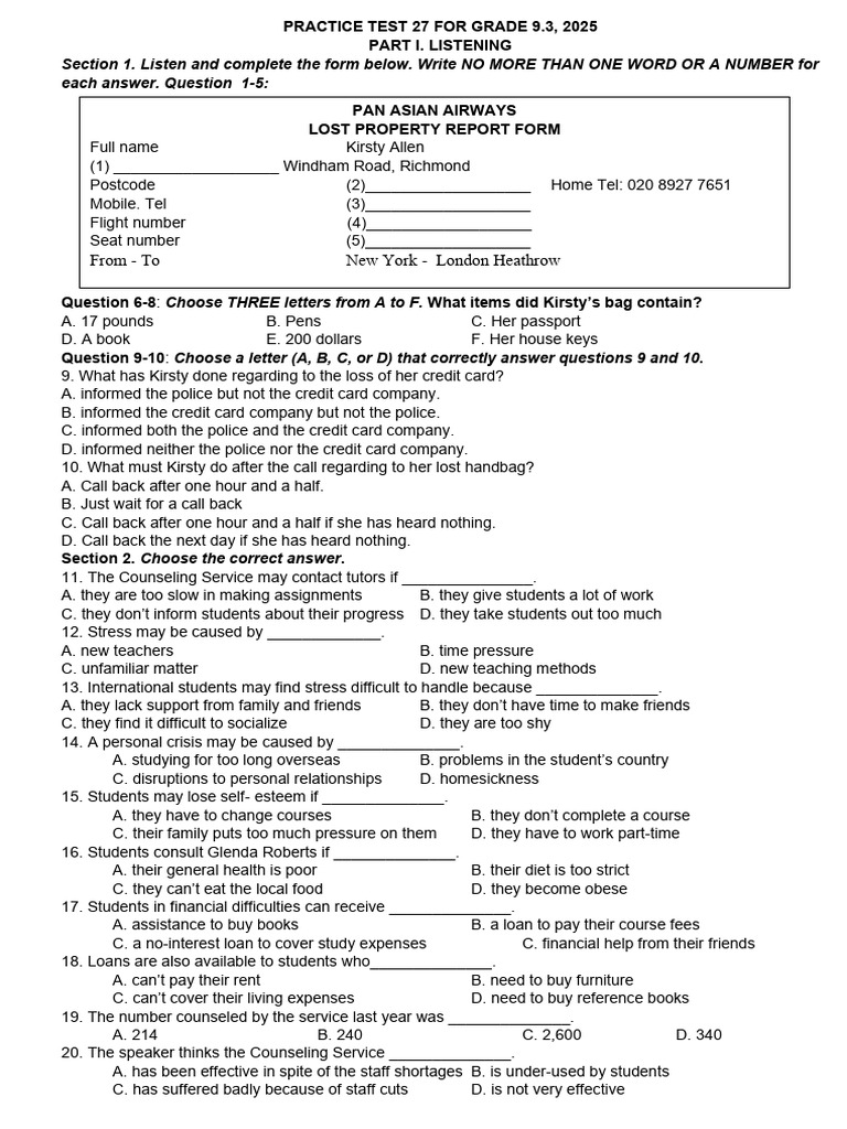 Practice Test 27 For Grade 9.3, 2025 | PDF